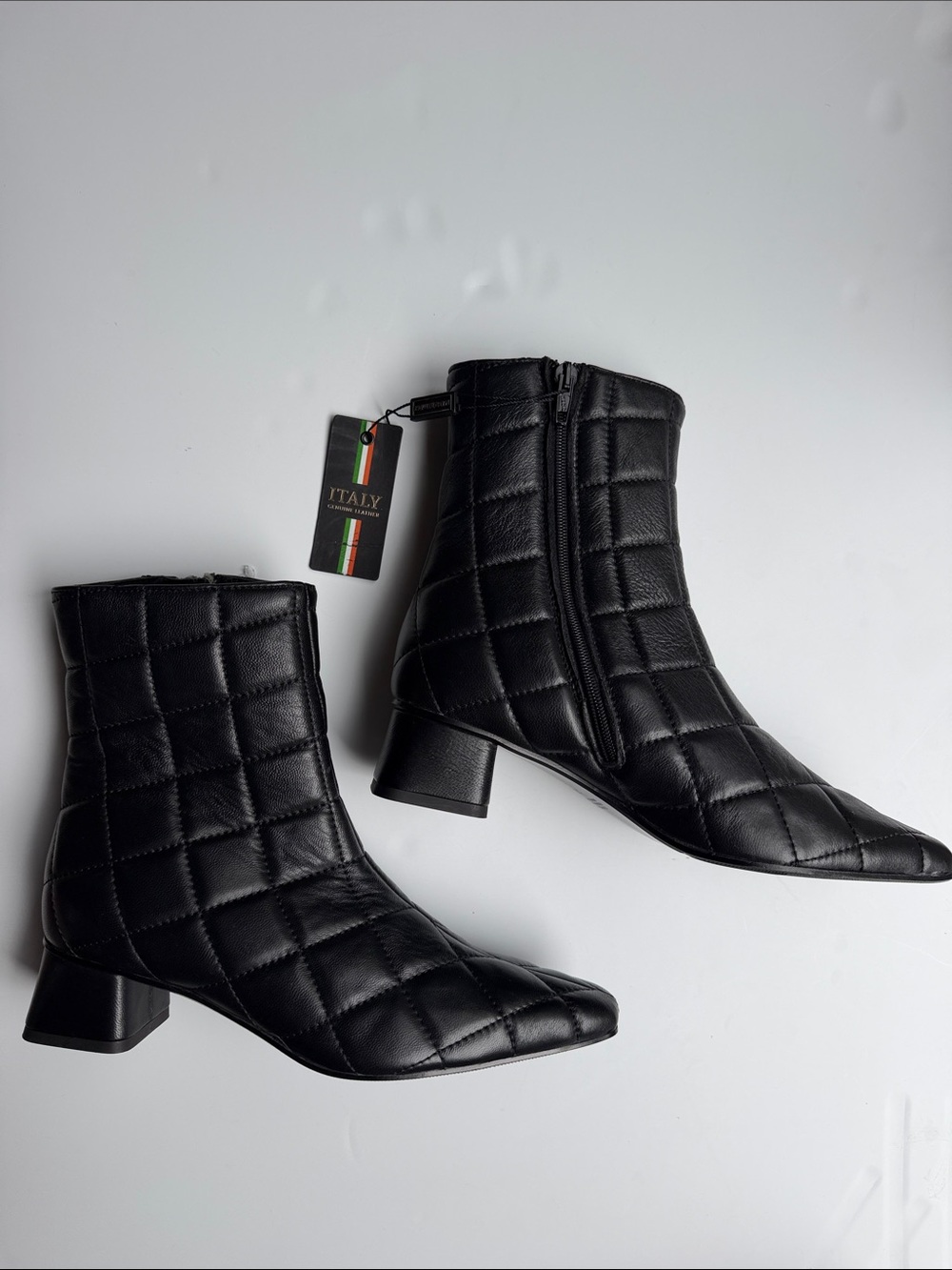 Made In Italy Black Quilted Leather Ankle Boots Square Toe Block Heel Size 39 - Picture 3 of 16